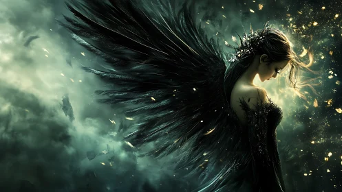 Winged dark angel rendered in high-detail fantasy atmosphere