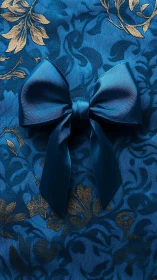 Satin blue bow resting on rich floral brocade backdrop.