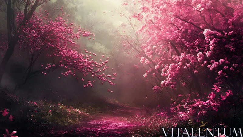Dreamy pink forest path glowing with soft morning light.