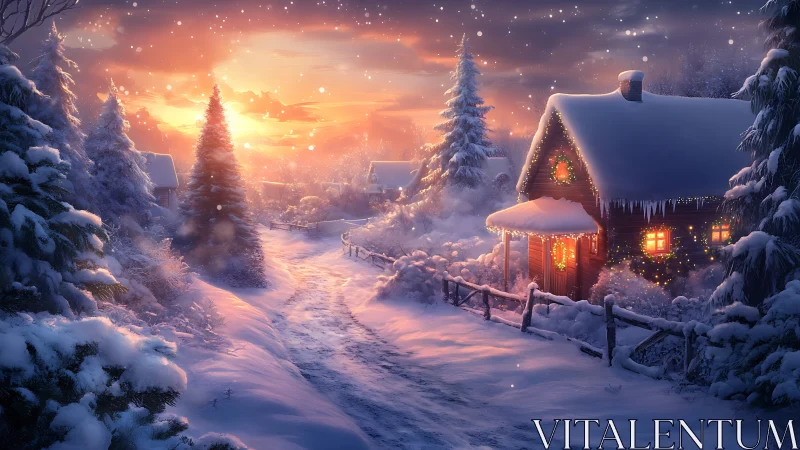 Snowlit cabin glows against a storybook winter sunset.