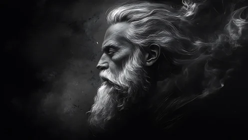 Storm-swept elder profile dissolving into swirling smoke.