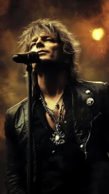 Rock vocalist in dramatic stage spotlight, smoky ambience.