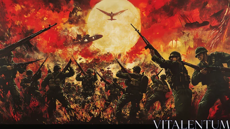 Infantry charge in fiery battlefield under full moon