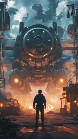 Solitary figure confronts colossal mech in industrial storm