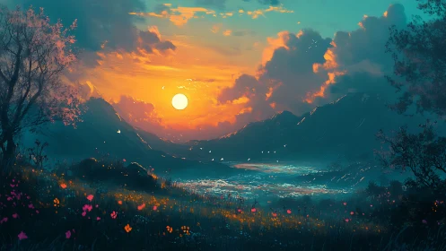 Radiant valley sunset bathes wildflower meadow in color.