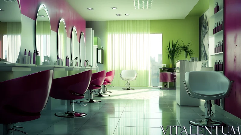 Vibrant salon interior with glossy lime and magenta accents.