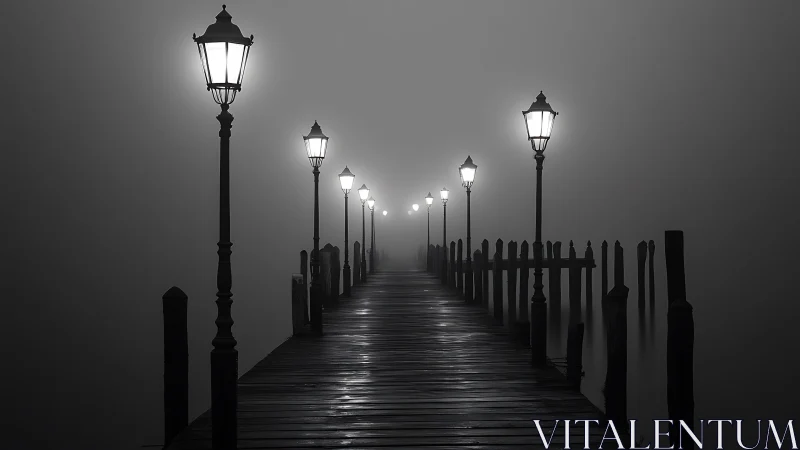 Symmetrical foggy pier recedes under aligned vintage lampposts