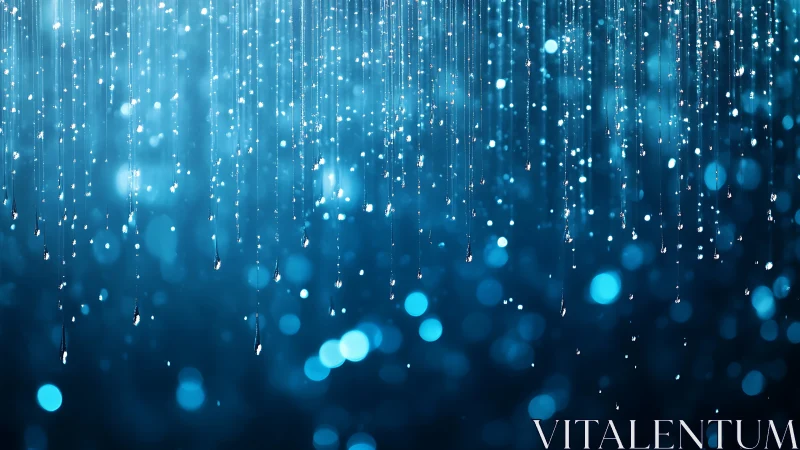 Blue bokeh rain streaks with luminous falling droplets.
