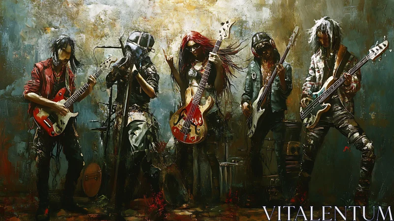 Grungy rock band performing in expressive digital painting.