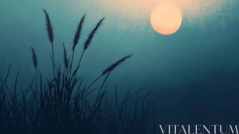 Tall grasses in silhouette against large hazy setting sun.