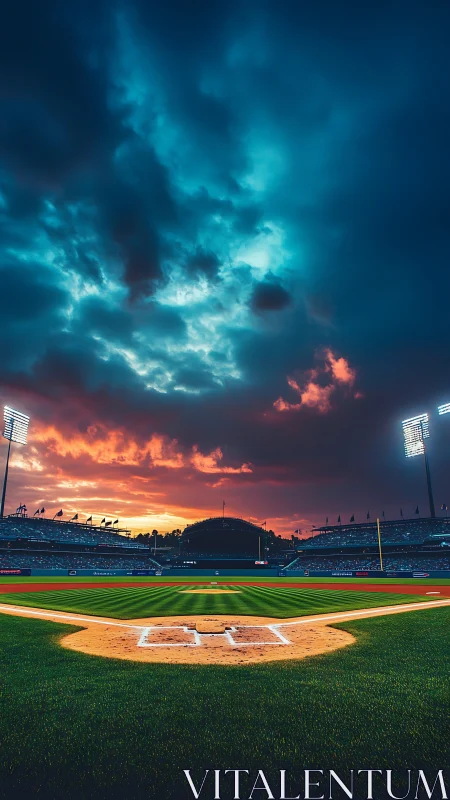 Baseball diamond under illuminated stadium lights at dusk.