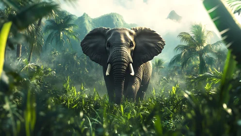 Majestic elephant strides through misty tropical rainforest.