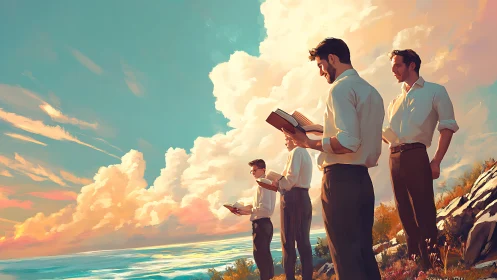 Men reading books on a coastal cliff at sunset sky.