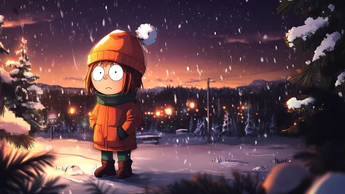 Wide-eyed child in orange coat wandering through snow dusk.