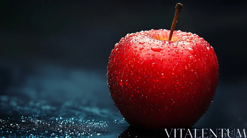 Red apple with water droplets on dark reflective surface.