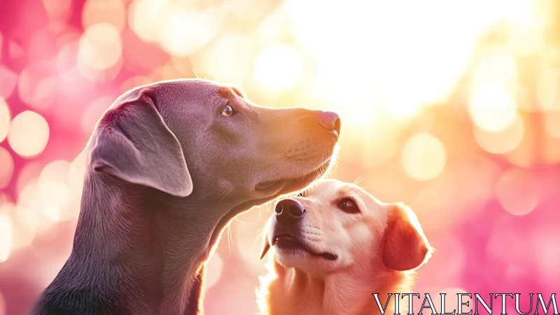 Sunlit portrait of two dogs in dreamy pink bokeh glow