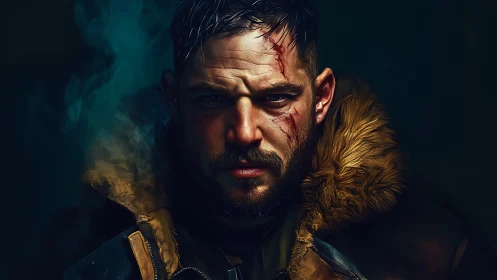 Battle-worn soldier portrait with cinematic rim lighting.