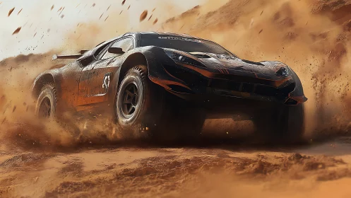 Rally raid car powerslide cuts dense dust cloud in desert
