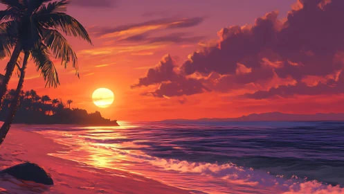 Vivid tropical beach sunset with palm trees and waves.