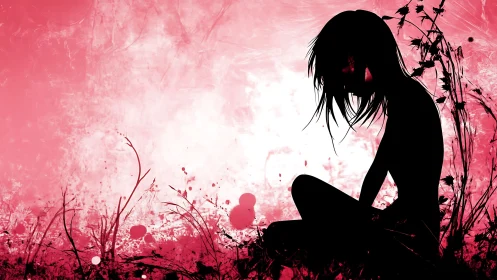 Silhouette girl seated in floral field against textured pink sky