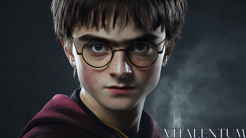 Young wizard with round glasses in a misty spotlight.