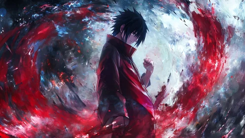 Brooding anime warrior amid swirling crimson vortex storm.