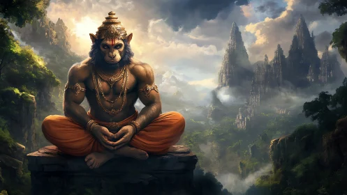 Monkey-headed deity meditates above misty jungle valley