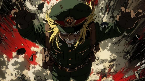 Military officer character descending amid explosion debris.