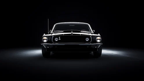 Midnight muscle coupe glaring through sculpted studio darkness.