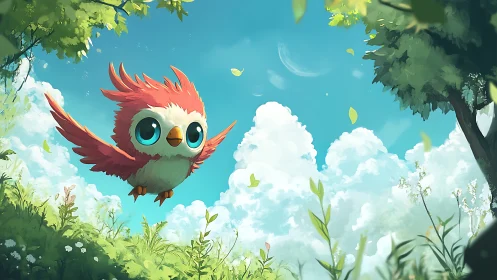 Cute Cartoon Bird Soaring Over Lush Meadow in Whimsical Style.