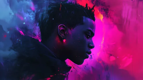 Neon side-profile portrait uses high contrast bicolor lighting gradients