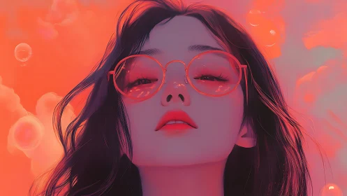 Portrait shows dreamy woman in red glasses under glowing sky