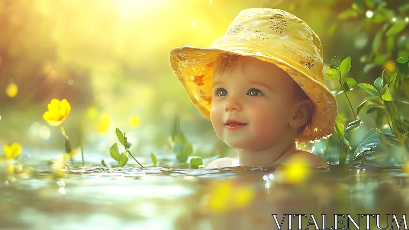 Toddler in Golden Hat Wades Through Summer Wildflower Water