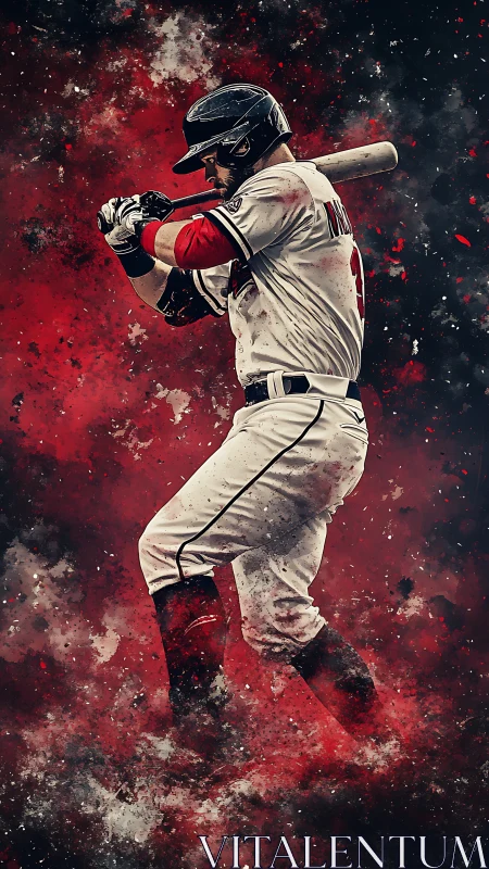 Baseball batter in mid swing against red abstract backdrop.