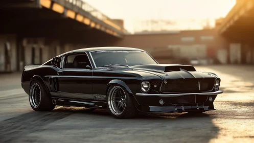 Restomod fastback muscle car under warm industrial sunset light.