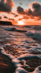 Low-angle seascape captures glowing sunset on wind-driven surf