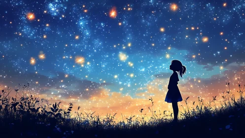 Silhouetted girl beneath glowing twilight starfield sky.