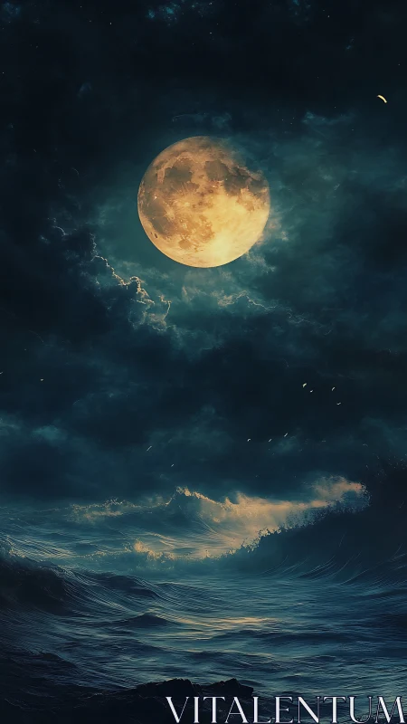 Full moon crowns storm-tossed midnight ocean horizon.