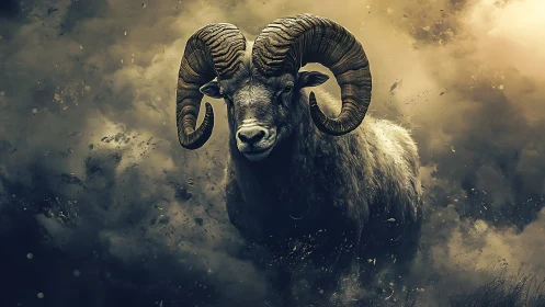 Granular dustburst portrait of ram with helical horns.