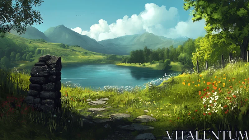 Sunny lakeside meadow path leading into quiet green hills.