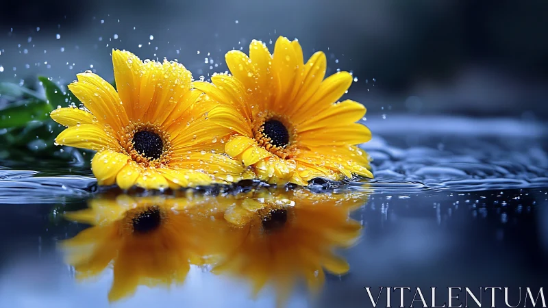 Two yellow gerbera daisies floating in water with rain droplets.
