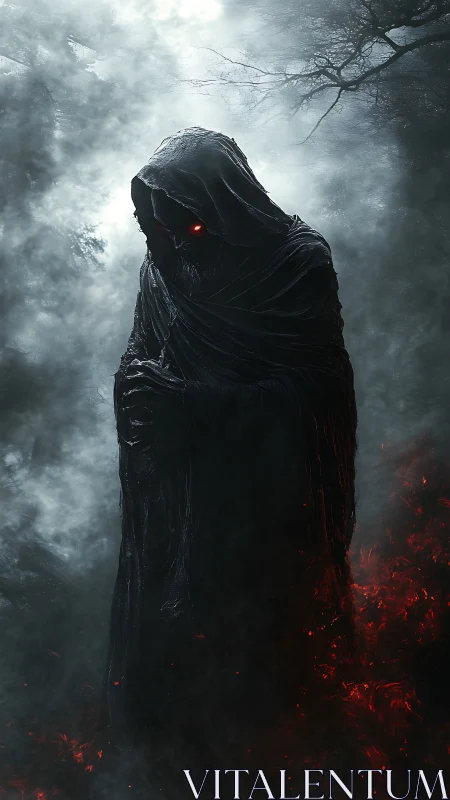 Hooded wraith with burning eyes emerges from a cursed fog
