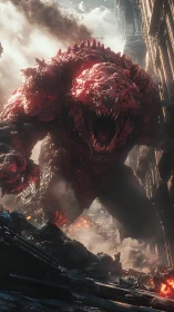 Colossal molten beast storms a shattered city street.