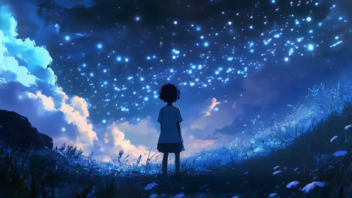 Stargazing child beneath a river of luminous midnight fireflies.