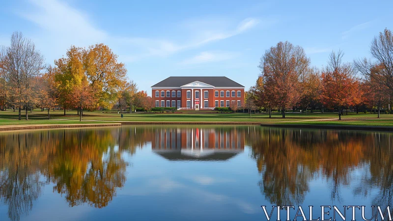 Symmetrical campus lake reflection frames neoclassical hall