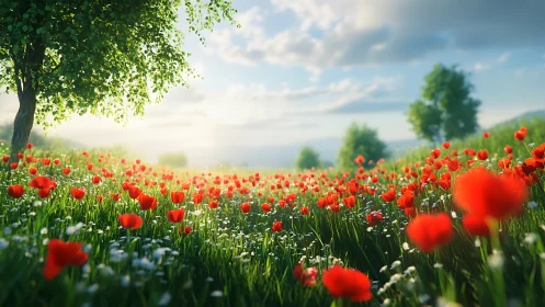 Red poppy field with scattered trees under soft daylight.