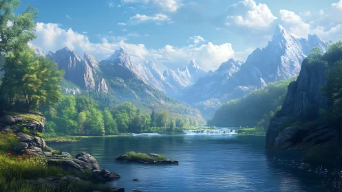Digital landscape render depicts lake, forest and snow peaks