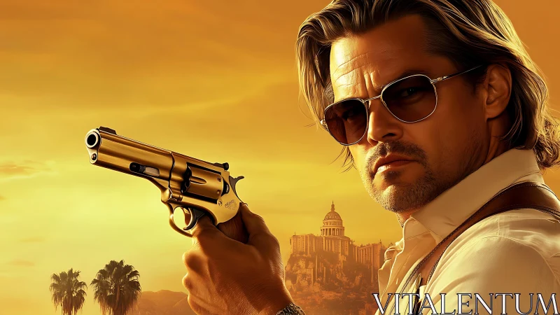 Sunglassed gunman aiming gold revolver at sunset skyline