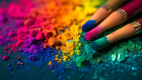 Vibrant paintbrushes rest in a scattered rainbow of pigments