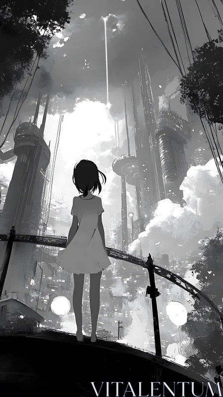Solitary girl overlooking stark monochrome future cityscape.